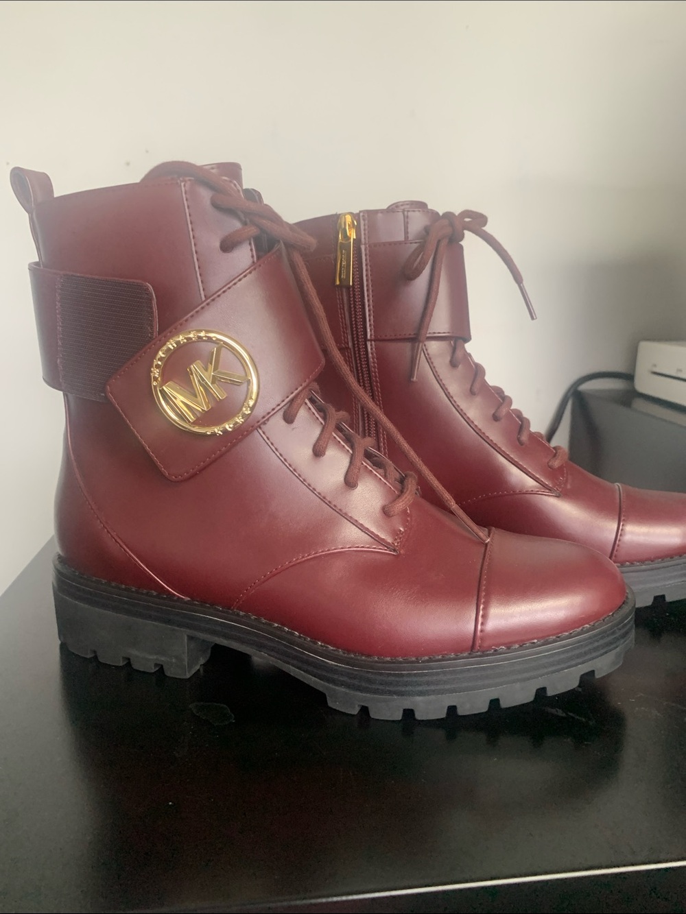 Michael Kors Wine Lace-Up Combat Boots with Gold MK Emblem